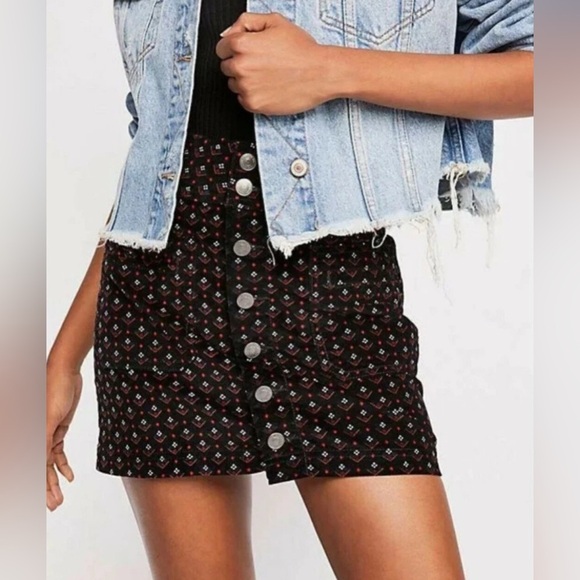 FP We The Free Navy Corduroy Mini Skirt In A Joanie Print With Buttoned Front - Picture 1 of 8